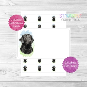 May include: Two sheets of self-adhesive labels featuring a black flat-coated retriever dog illustration. Each sheet contains 21 labels. The labels are designed for sublimation printing.