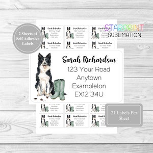 Etiquetas de dirección personalizadas para perros Border Collie, 42 pegatinas autoadhesivas personalizadas. Incluye 2 hojas A4 (21 por hoja). Diseño n.º 2 Presents