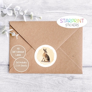 Stickers lièvre, 48 étiquettes rondes (2 feuilles A4, 24 par feuille), parfaits pour les scellés d'enveloppes/produits faits main/cadeaux d'anniversaire/Noël