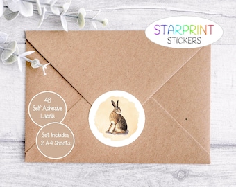 Hare Stickers, 48 Round Labels (2 A4 Sheets, 24 Per Sheet), Great For Envelope Seals/Handmade Products/Birthday/Christmas Gift Presents