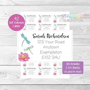 Dragonfly Address Labels, 42 Custom Return Stickers, Set includes 2 A4 Sheets (21 per sheet) - Personalised With Any Text Presents Present