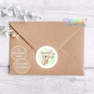 Stickers koala, 48 étiquettes rondes (2 feuilles A4, 24 par feuille), parfaits pour coller des enveloppes/cadeaux/sacs de fête/cartes/cadeau d'anniversaire/Noël