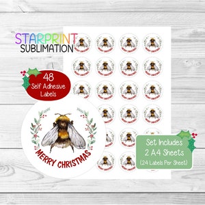 Pegatinas/Sellos para sobres navideños de abejorro/abeja, 48 etiquetas redondas (2 hojas A4, 24 por hoja), ideales para tarjetas, regalos y etiquetado de productos.