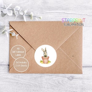 Kaninchen Aufkleber, 48 runde Etiketten (2 A4-Bögen , 24 pro Bogen), für Umschlagdekorationen / Partytaschen / Gastgeschenke / Karten / Geschenke, Häschen / Blumentopfbild