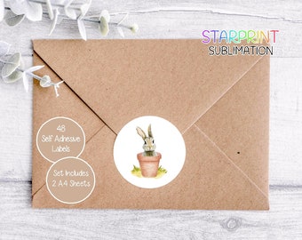 ウサギのステッカー、丸型ラベル48枚（A4シート2枚、シートあたり24枚）、封筒シール/パーティーバッグ/記念品/カード/ギフト用ウサギ/ガーデンフラワーポットイメージ
