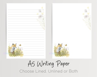 Fox A5 Writing Paper, 10 Sheets with or without Envelopes, Lined/Unlined, Woodland Animal Note Paper, Penpal Stationery, Letter Writing Set