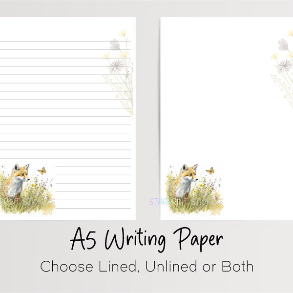 Fox A5 Writing Paper, 10 Sheets with or without Envelopes, Lined/Unlined, Woodland Animal Note Paper, Penpal Stationery, Letter Writing Set