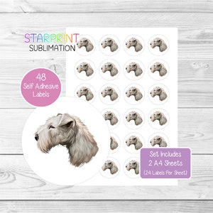 Pegatinas de perro Lakeland Terrier, 48 etiquetas redondas (2 hojas A4, 24 por hoja), ideales para sellar sobres, bolsas de fiesta, regalos, tarjetas y obsequios.
