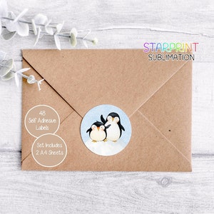Pegatinas de pingüino, 48 etiquetas redondas (2 hojas A4, 24 por hoja), ideales para sellar sobres, bolsas de fiesta, regalos, tarjetas y regalos.