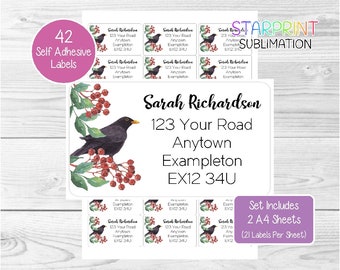 Blackbird Address Labels, 42 Custom Return Stickers, Set includes 2 A4 Sheets (21 per sheet) - Personalised With Any Text Presents Present