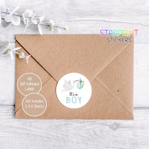 It&#39;s a Boy Baby Stickers, 48 Round Labels (2 A4 Sheets, 24 Per Sheet), Great For Envelope Seals/Products/Favours/Cards/Gifts Presents