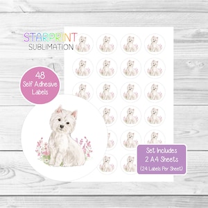 Stickers West Highland White Terrier/Westie, 48 ronde labels (2 A4-vellen, 24 per vel), ideaal voor enveloppen/feestzakjes/gunsten/kaarten