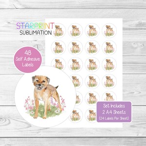 Pegatinas de perro Border Terrier, 48 etiquetas redondas (2 hojas A4, 24 por hoja), ideales para sellar sobres, bolsas de fiesta, recuerdos, tarjetas y regalos.