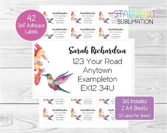 Hummingbird Address Labels, 42 Custom Return Stickers, Set includes 2 A4 Sheets (21 per sheet) - Personalised With Any Text Presents Present