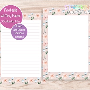 Papel para escribir imprimible con flores de rosas/Papel para notas con descarga digital Shabby Chic/Papel para cartas de EE. UU. A5 de descarga instantánea/Juego de papelería descargable