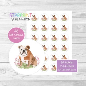 Pegatinas de bulldog, 48 etiquetas redondas (2 hojas A4, 24 por hoja), ideales para sellar sobres, bolsas de fiesta, recuerdos, tarjetas y regalos.