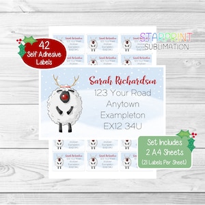 Etiquetas de dirección personalizadas de Navidad de ovejas, 42 pegatinas de devolución personalizadas, juego festivo divertido. Incluye 2 hojas A4 (21 por hoja). Regalos.