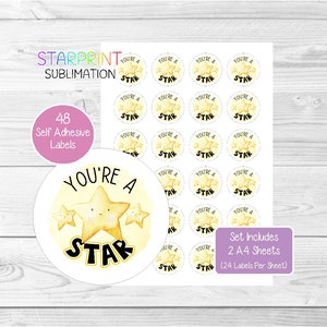 You're a Star ステッカー、丸型ラベル 48 枚 (A4 シート 2 枚、シートあたり 24 枚)、ハッピーメールの封筒シール/プレゼント/パーティーバッグ/カード/ギフトに最適
