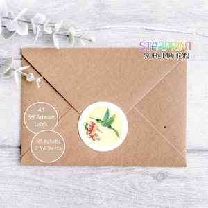 Pegatinas de colibrí, 48 etiquetas redondas (2 hojas A4, 24 por hoja), ideales para sellar sobres, bolsas de fiesta, regalos, tarjetas y regalos.