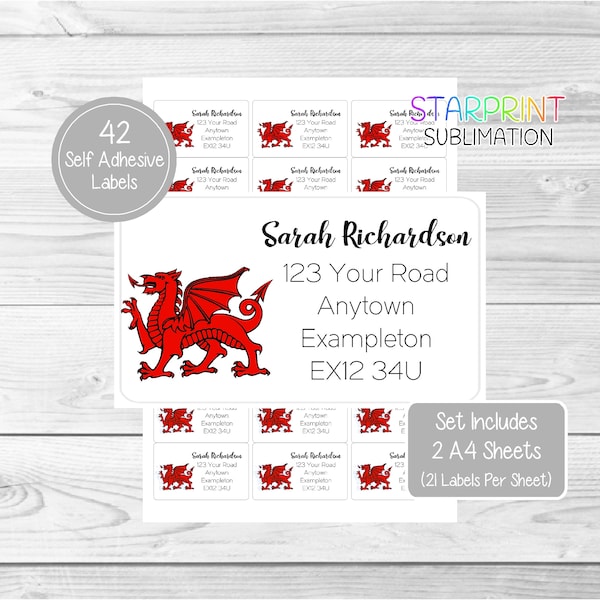 Welsh Dragon Personalised Address Labels, 42 Custom Return Stickers - Lovely Set Includes 2 A4 Sheets (21 per sheet) y Ddraig Goch Flag