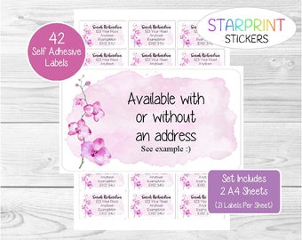 Orchid Personalised Address Labels, With or Without Text 42 Custom Self Adhesive Stickers (2 A4 Sheets, 21  per sheet), Lovely Gift Blank