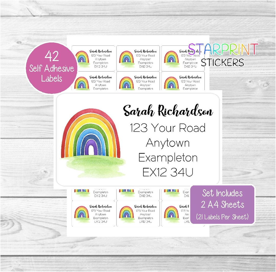 Rainbow Address Labels, 42 Custom Return Stickers, Set Includes 2 A4