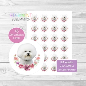 Pegatinas de Bichón Frisé, 48 etiquetas redondas (2 hojas A4, 24 por hoja), ideales para sellar sobres, bolsas de fiesta, recuerdos, tarjetas y regalos (n.° 2)