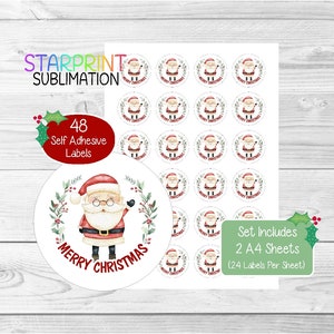 Stickers Père Noël/Père Noël/Scellés pour enveloppes, 48 étiquettes rondes (2 feuilles A4, 24 par feuille), idéal pour les cartes/cadeaux/produits d'étiquetage