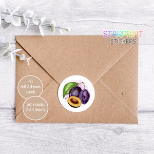 Adesivos de frutas de ameixa, 48 etiquetas redondas (2 folhas A4, 24 por folha), ótimos para selos de envelope/produtos/lembrancinhas/sacolas de festa/cartões/presentes