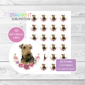 Pegatinas de Airedale Terrier, 48 etiquetas redondas (2 hojas A4, 24 por hoja), ideales para sellar sobres, bolsas de fiesta, recuerdos, tarjetas y regalos (N2)