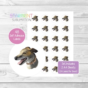 Stickers windhond, 48 ronde etiketten (2 A4-vellen, 24 per vel), ideaal voor enveloppen/feestzakjes/gunsten/kaarten/cadeaus