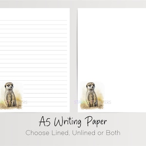 Carta da lettere Meerkat A5, 10 fogli a righe/non a righe, adorabile carta per appunti, cancelleria Penpal, set per lettere sulla fauna selvatica
