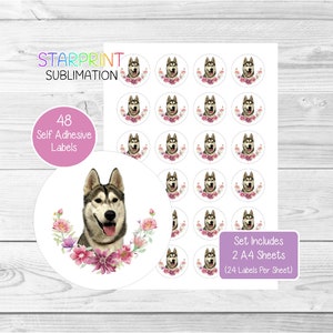 Pegatinas de perro husky siberiano, 48 etiquetas redondas (2 hojas A4, 24 por hoja), ideales para sellar sobres, bolsas de fiesta, recuerdos, tarjetas y regalos (n.° 2)