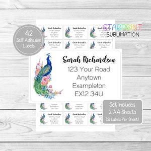 Peacock Personalised Address Labels, 42 Custom Self Adhesive Stickers (2 A4 Sheets, 21  per sheet), Lovely Gift Presents Present