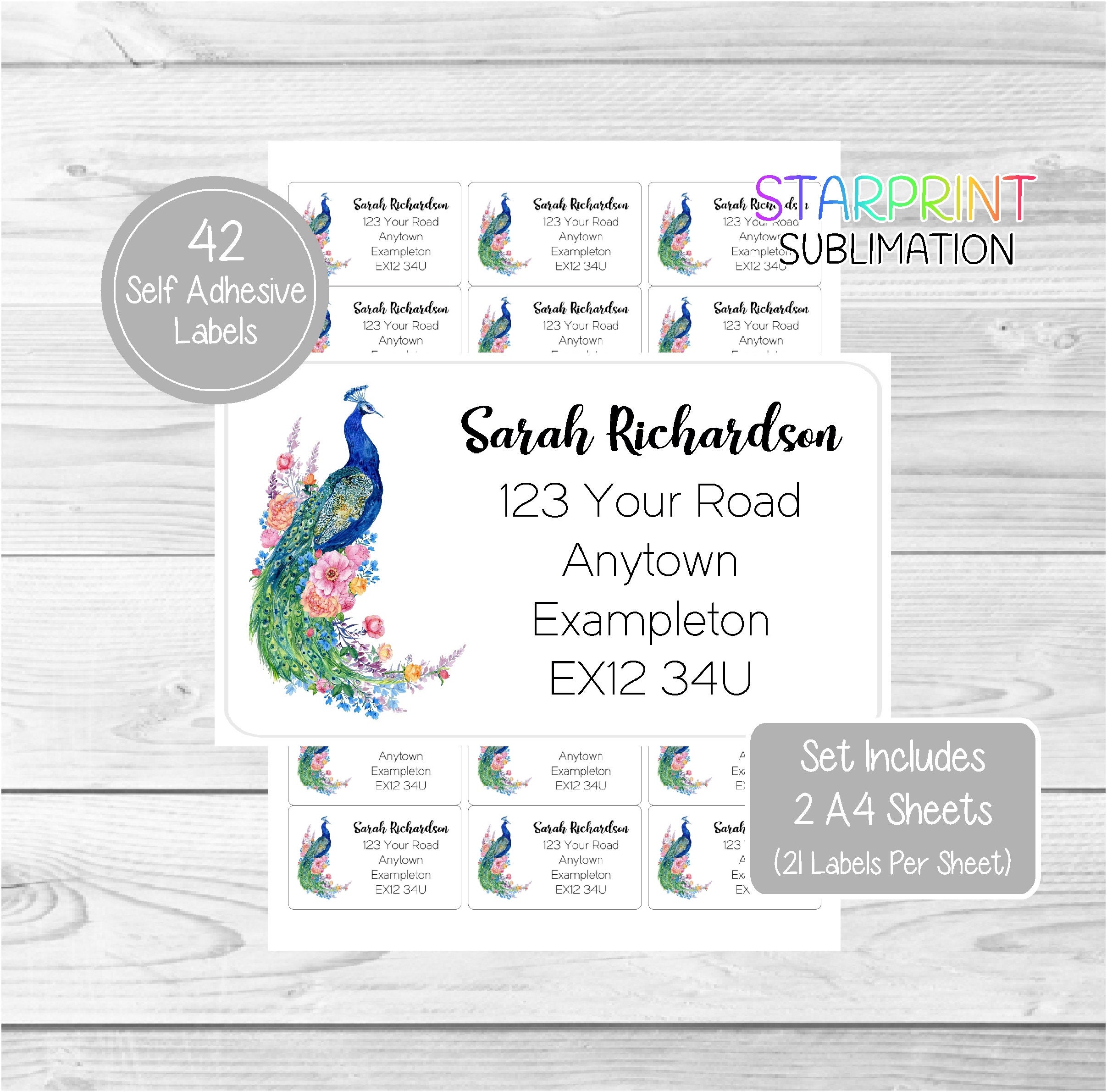Peacock Personalised Address Labels, 42 Custom Self Adhesive Stickers (2 A4 Sheets, 21 per sheet), Lovely Gift
