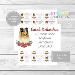 Rough Collie (Blue Merle) hond gepersonaliseerde kerstadresetiketten, 42 zelfklevende stickers (2 A4-vellen, 21 per vel) Cadeaus