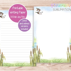 Papel para escribir imprimible con diseño de patos en el lago o junto al lago, papel para notas con descarga digital, papel para cartas de EE. UU., tamaño A5, descarga instantánea, juego de papelería descargable, regalo