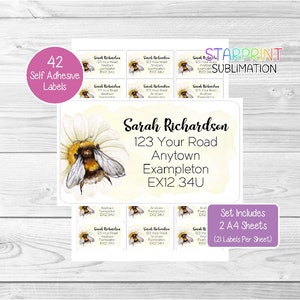 May include: A set of 42 self-adhesive labels featuring a watercolor illustration of a bumblebee on a daisy. The labels are designed for addressing envelopes or packages and include the text "Sarah Richardson, 123 Your Road, Anytown Exampleton, EX12 34U".