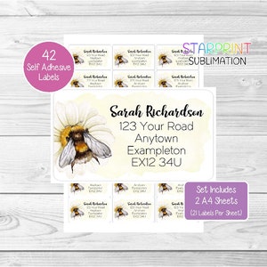 Bee/Bumblebee Personalised Return Address Labels, 42 Custom Self Adhesive Stickers, Set Includes 2 A4 Sheets (21 per sheet) Presents Present