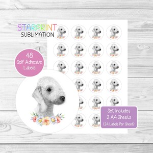 Pegatinas de perro Bedlington Terrier, 48 etiquetas redondas (2 hojas A4, 24 por hoja), ideales para sellar sobres, bolsas de fiesta, recuerdos, tarjetas y regalos (n.° 2)