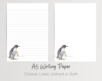 Penguin A5 Writing Paper, 10 Sheets with/without Envelopes, Lined/Unlined, Aquatic Bird Note Paper, Penpal Stationery, Letter Writing Set