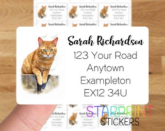 Ginger Tabby Cat Personalised Address Labels, 21 Custom Self Adhesive Stickers - A4 Sticker Sheet (21 labels per sheet) Watercolour Present
