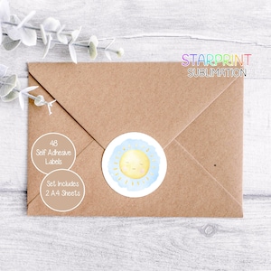 Zonneschijnstickers, 48 ronde labels (2 A4-vellen, 24 per vel), ideaal voor envelopzegels/cadeaus/Feestzakjes/kaarten/verjaardags-/kerstcadeau