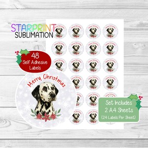 Pegatinas navideñas/sellos para sobres de perro dálmata, 48 etiquetas redondas (2 hojas A4, 24 por hoja), para bolsas de fiesta, tarjetas y regalos.