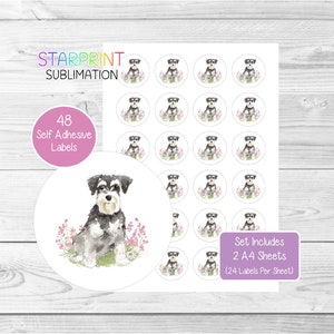 Dwergschnauzerstickers, 48 ronde etiketten (2 A4-vellen, 24 per vel), ideaal voor envelopzegels/feestzakjes/gunsten/kaarten/cadeaus