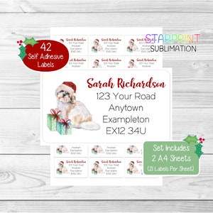 Etiquetas de dirección de retorno navideñas personalizadas de Shih Tzu, 42 pegatinas autoadhesivas para perros - Incluye 2 hojas de pegatinas A4 (21 por hoja) Regalos