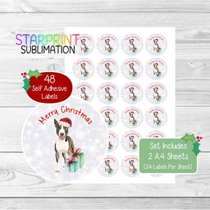 Pegatinas navideñas/sellos para sobres de Bull Terrier, 48 etiquetas redondas (2 hojas A4, 24 por hoja), para bolsas de fiesta, tarjetas y regalos.