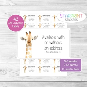 Etichette per indirizzo personalizzate Giraffe, con o senza testo, 42 adesivi autoadesivi personalizzati (2 fogli A4, 21 per foglio), adorabile regalo vuoto