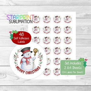 Pegatinas/Sellos para sobres navideños de muñeco de nieve, 48 etiquetas redondas (2 hojas A4, 24 por hoja), ideales para tarjetas, regalos y etiquetado de productos.