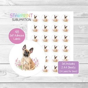 Stickers Franse bulldog, 48 ronde etiketten (2 A4-vellen, 24 per vel), ideaal voor enveloppen/feestzakjes/gunsten/kaarten/cadeaus